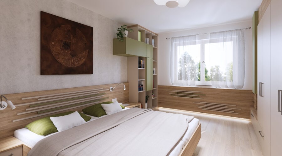 07 schlafzimmer-masch_wie_03-tischlerei_innenarchitektur_wagenleitner_senftenbach Grünes Schlafzimmer mit offenem Regal aus Eichenholz