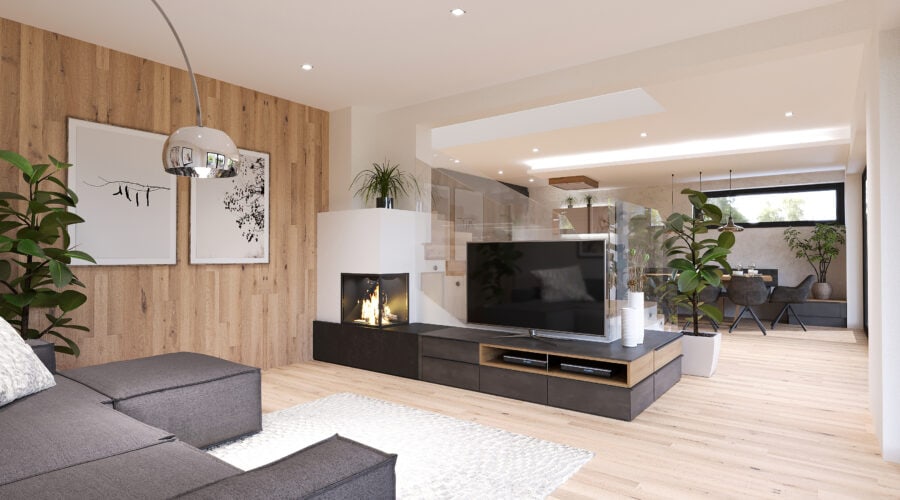 10 wohnzimmer-soe_kau_07-tischlerei_innenarchitektur_wagenleitner_senftenbach Wohnbereich mit Holzverkleidung und modernen TV-Möbel