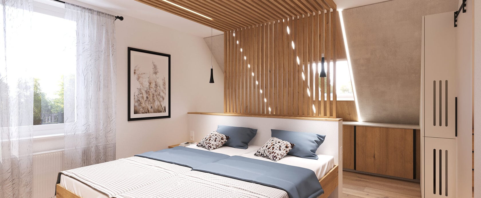 Schlafzimmer mit Wandpaneele aus Eichenholz