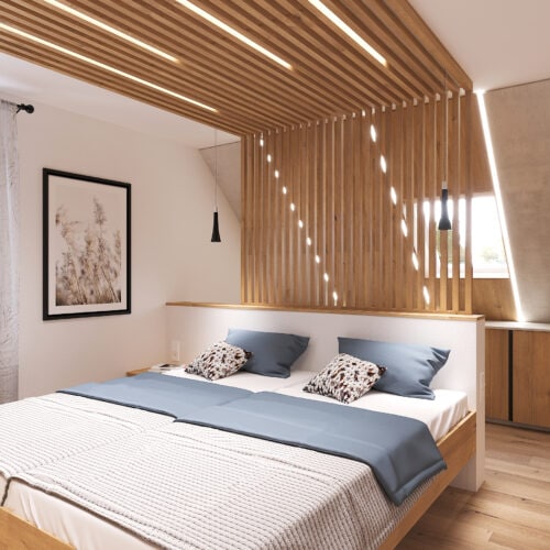 Schlafzimmer mit Wandpaneele aus Eichenholz
