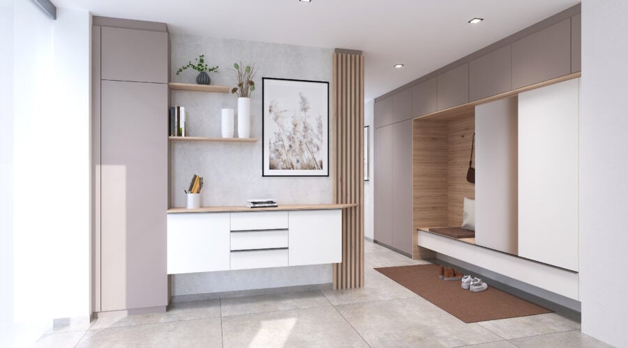 03 vorzimmer-gad_tum_02-tischlerei_innenarchitektur_wagenleitner_senftenbach heller Eingangsbereich mit Holz-Nische in Asteiche und viel Stauraum